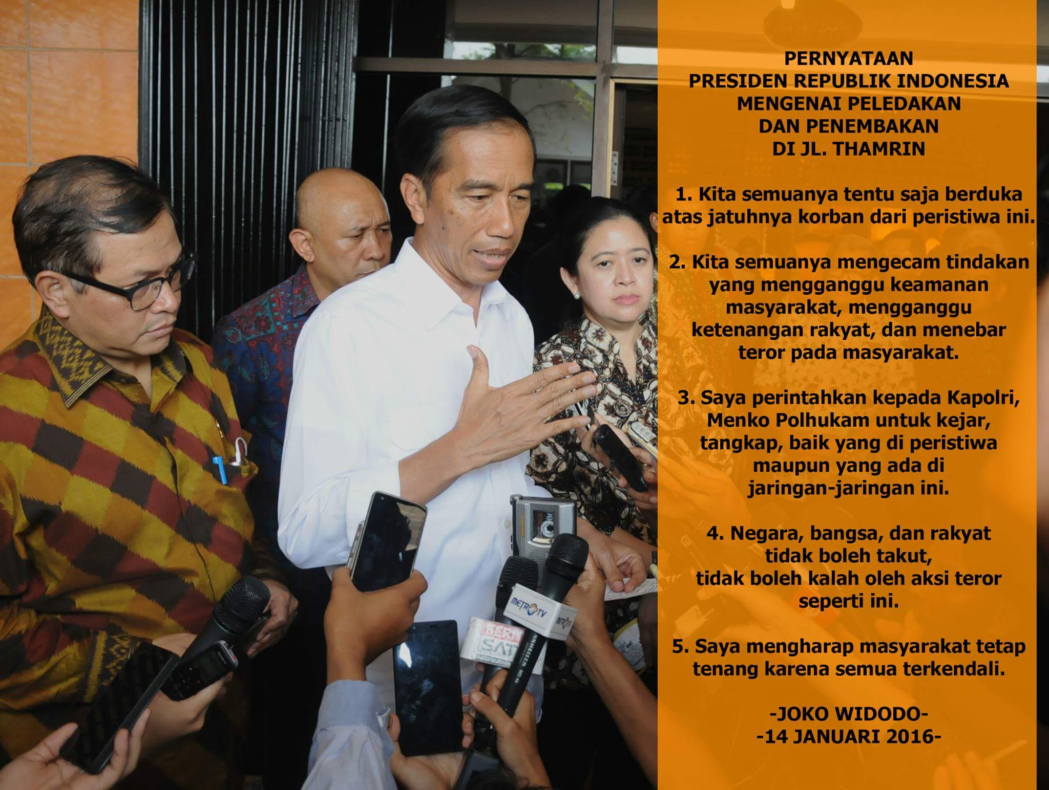 Ini 5 poin pernyataan Presiden RI Jokowi terkait tragedi di Sarinah Jakarta 2016