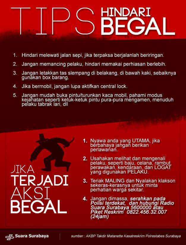 Tips hindari begal menurut Kasatreskrim Polrestabes Surabaya AKBP Takdir Matanette tahun 2016