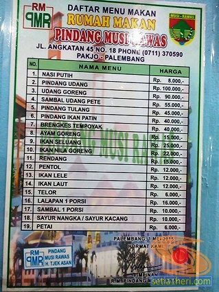 daftar harga menu di RM Pindang Musi Rawas Palembang 