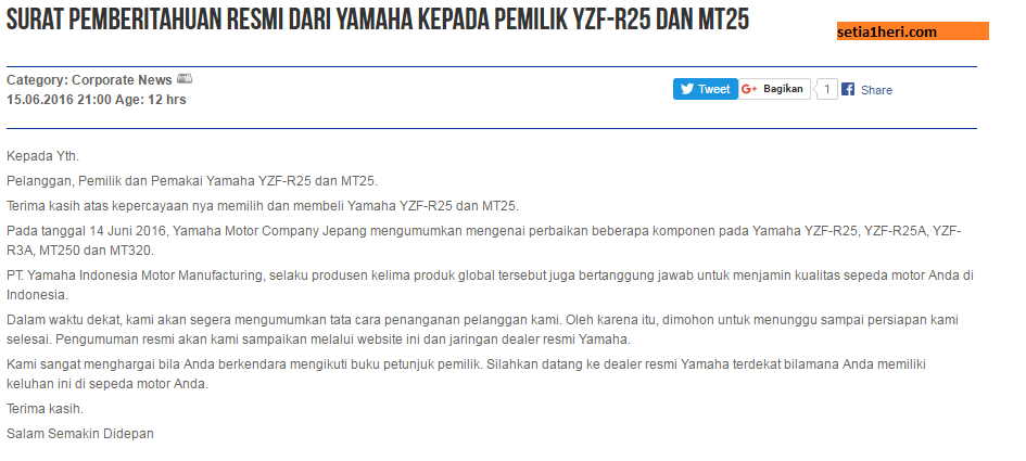 surat pemberitahuan recall yamaha mt 25 dan r25 di Indonesia tanggal 15 Juni 2016