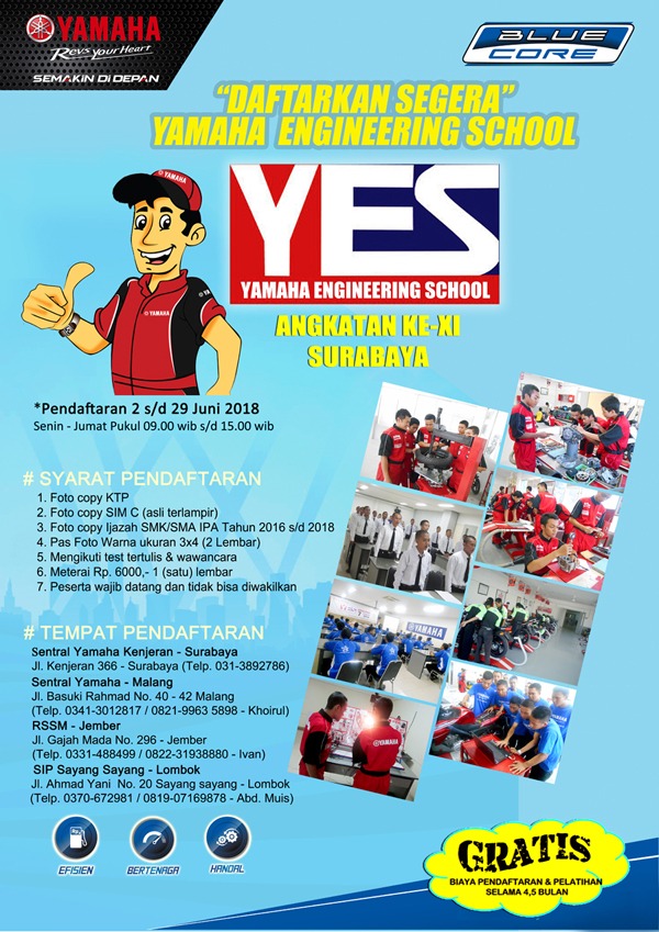 Pendaftaran kursus Mekanik Yamaha YES di Kota Surabaya tahun 2018, monggo dicatat