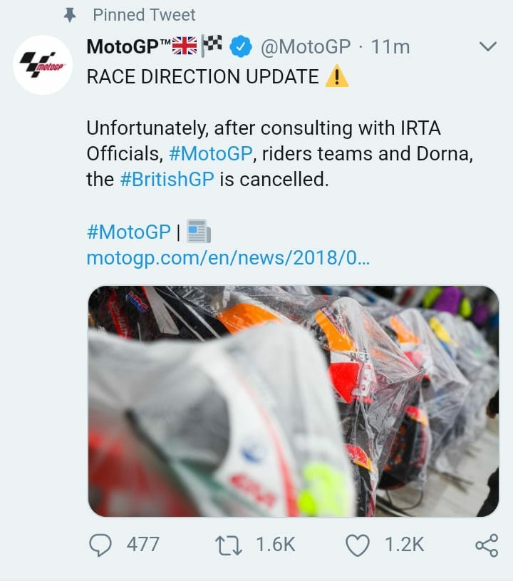 Konfirmasi Hasil Moto GP Silverstone, Inggris 2018 : Balapan dibatalkan gans